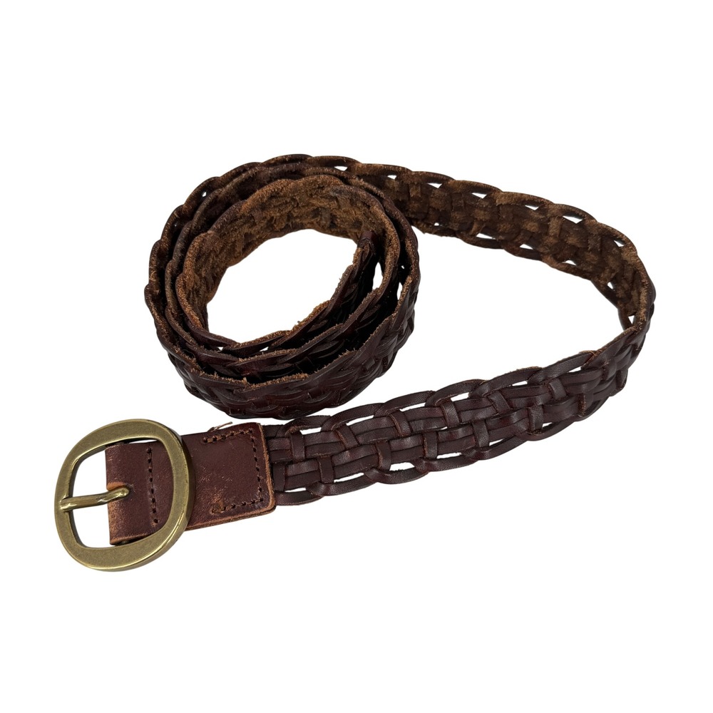 Eddie Bauer Braided Woven Leather Belt Size M Brown Brass Buckle Vintage